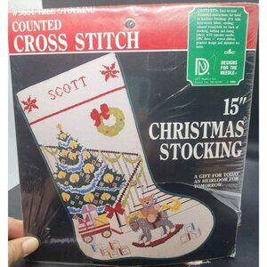 Vtg Christmas Stocking Cross Stitch Kit Tree Ornaments Toys Holiday Gift Retro